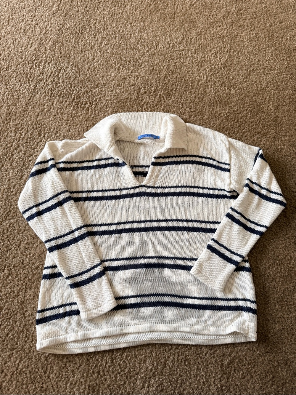 Womens J McLaughlin Cream V-Neck Striped Knit Sweater preppy cotton linen sz xs